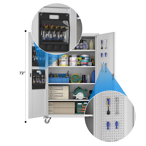 Garage Storage Cabinet with Wheels, 72" H, 2 Doors, 4 Adjustable Shelves, Black Q104