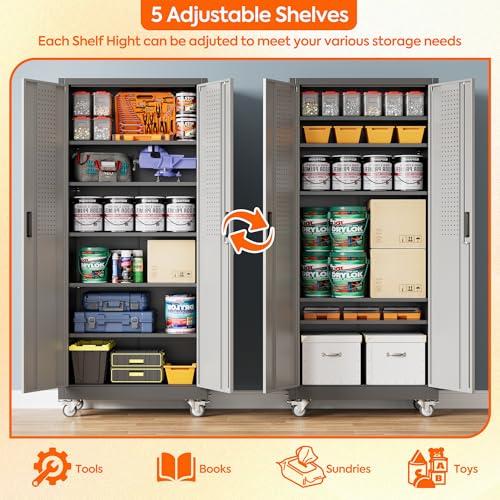 Metal Storage Cabinet with Wheels, 73" H, Locking Doors and Adjustable Shelves C8462