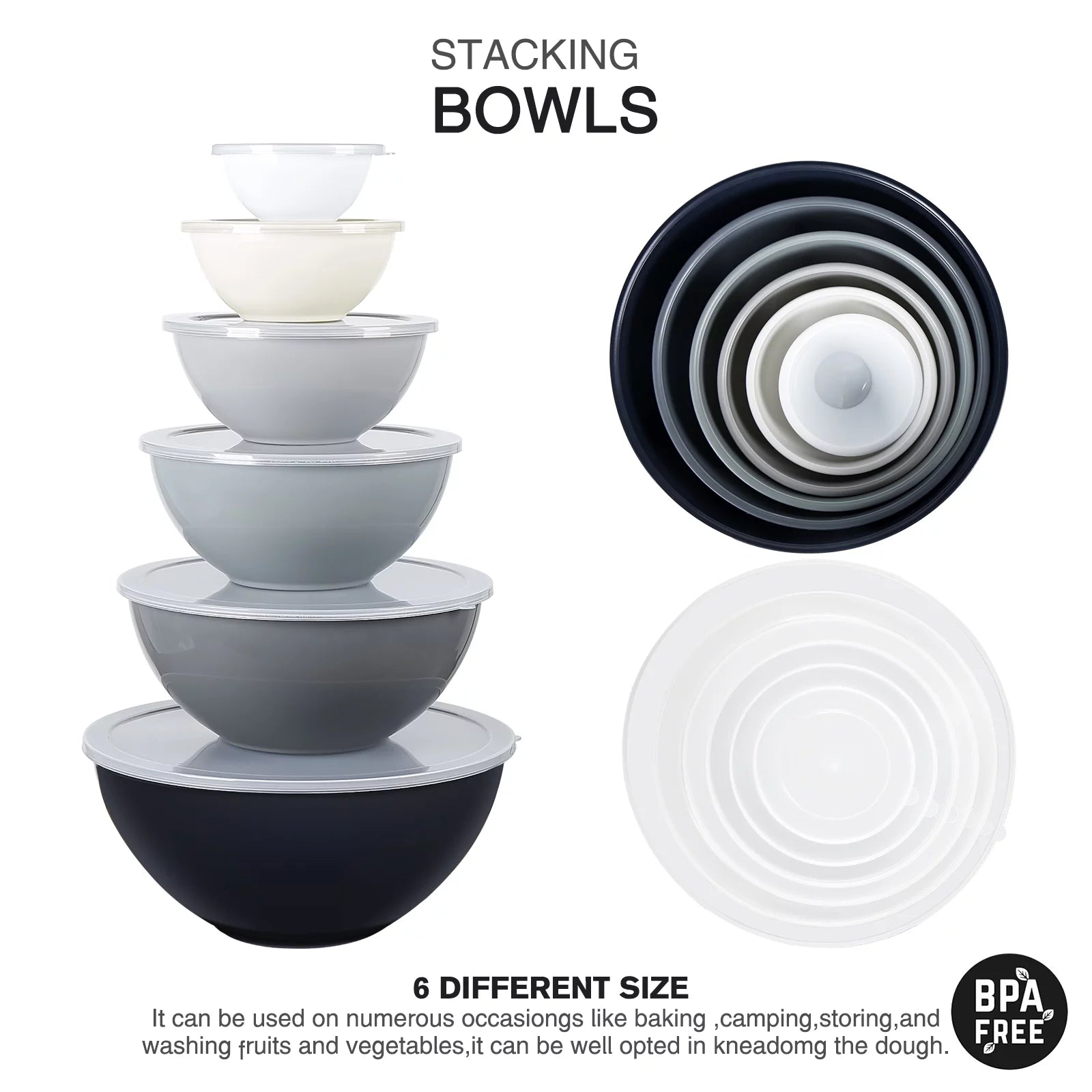 Mixing Bowls with Lids, 12 Piece Plastic Nesting Set, Microwave Safe H683