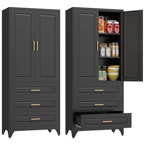 Tall Kitchen Storage Cabinet with Doors and Adjustable Shelves, Black Freestanding Cupboard X34021