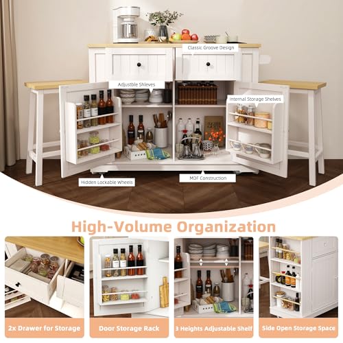 Kitchen Island Cart with Drop Leaf, Power Outlet, and 5 Storage Shelves Z644898