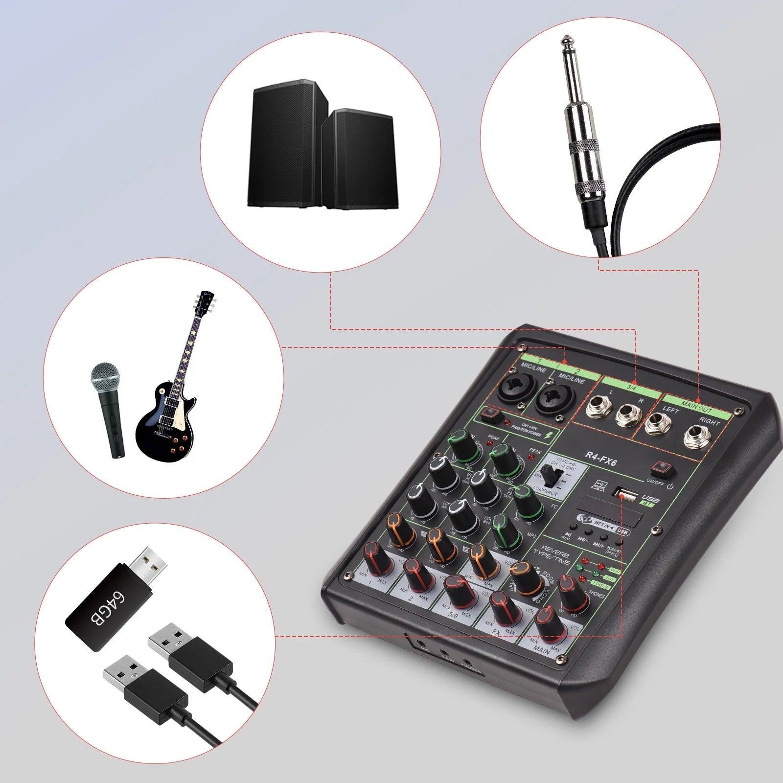 Audio Mixer with USB MP3 Player, 6 Channel Sound Console N600