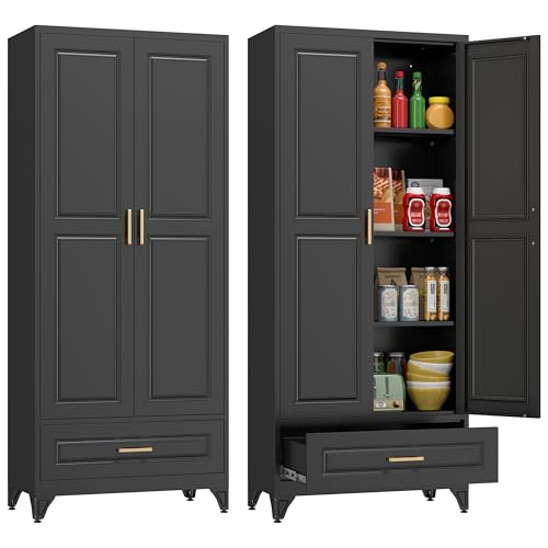 Tall Kitchen Storage Cabinet with Doors and Adjustable Shelves, Black Freestanding Cupboard X34021