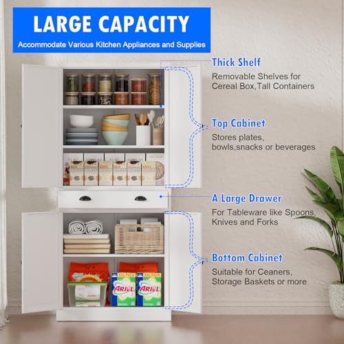 Tall Kitchen Storage Cabinet with Doors and Adjustable Shelves, Black Freestanding Cupboard X34021