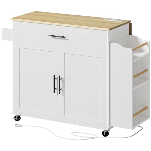 Kitchen Island with Storage, Rolling Cart with Drop Leaf and Charging Station H744
