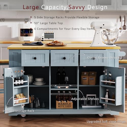 Large Kitchen Island with Drop Leaf, Rolling Cart, Power Outlet R822