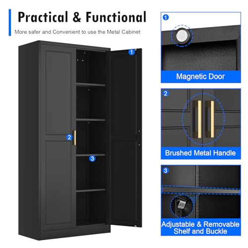 Tall Kitchen Storage Cabinet with Doors and Adjustable Shelves, Black Freestanding Cupboard X34021