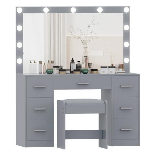 Vanity Desk with Stool, Lighted Mirror, 3 Color Modes, Adjustable Brightness, Drawers, White S703720