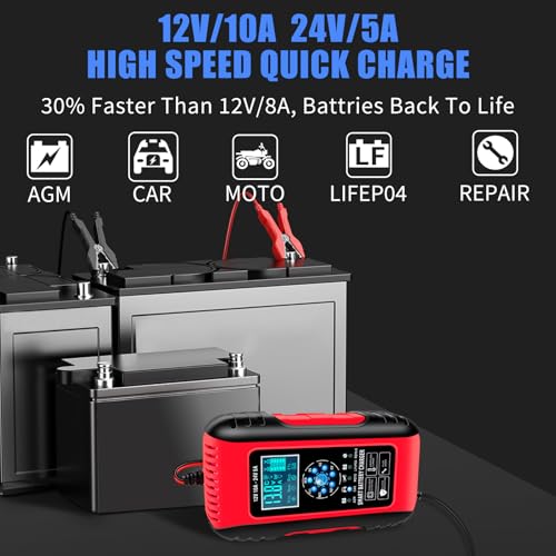 10A LiFePO4 Lead Acid Car Battery Charger 12/24V Trickle Charger Maintainer W6820