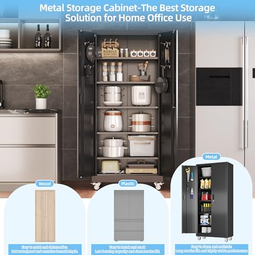 Garage Storage Cabinet with Wheels, 72" H, 2 Doors, 4 Adjustable Shelves, Black Q104