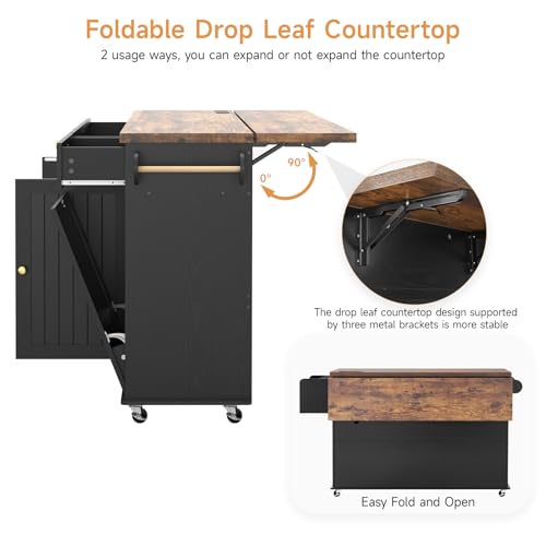 Kitchen Island with Power Outlet & Drop Leaf, Rolling Cart with Storage T1071