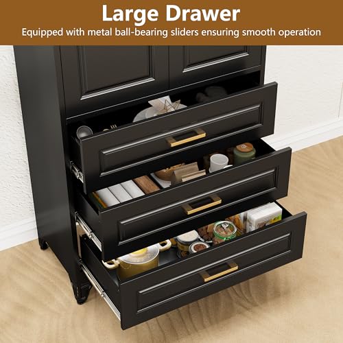 Tall Kitchen Storage Cabinet with Doors and Adjustable Shelves, Black Freestanding Cupboard X34021