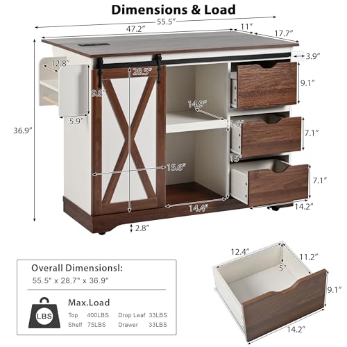 Farmhouse Kitchen Island with Drop Leaf, Barn Door and Wheels O34026