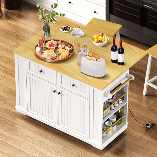 Kitchen Island Cart with Drop Leaf, Power Outlet, and 5 Storage Shelves Z644898