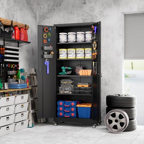 Garage Storage Cabinet with Wheels, 72" H, 2 Doors, 4 Adjustable Shelves, Black Q104