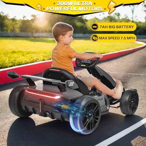 24V Kids Go Kart 300W Electric Drift Kart Outdoor Race Toy with 2X150W Motor, 7AH Battery, Green R238