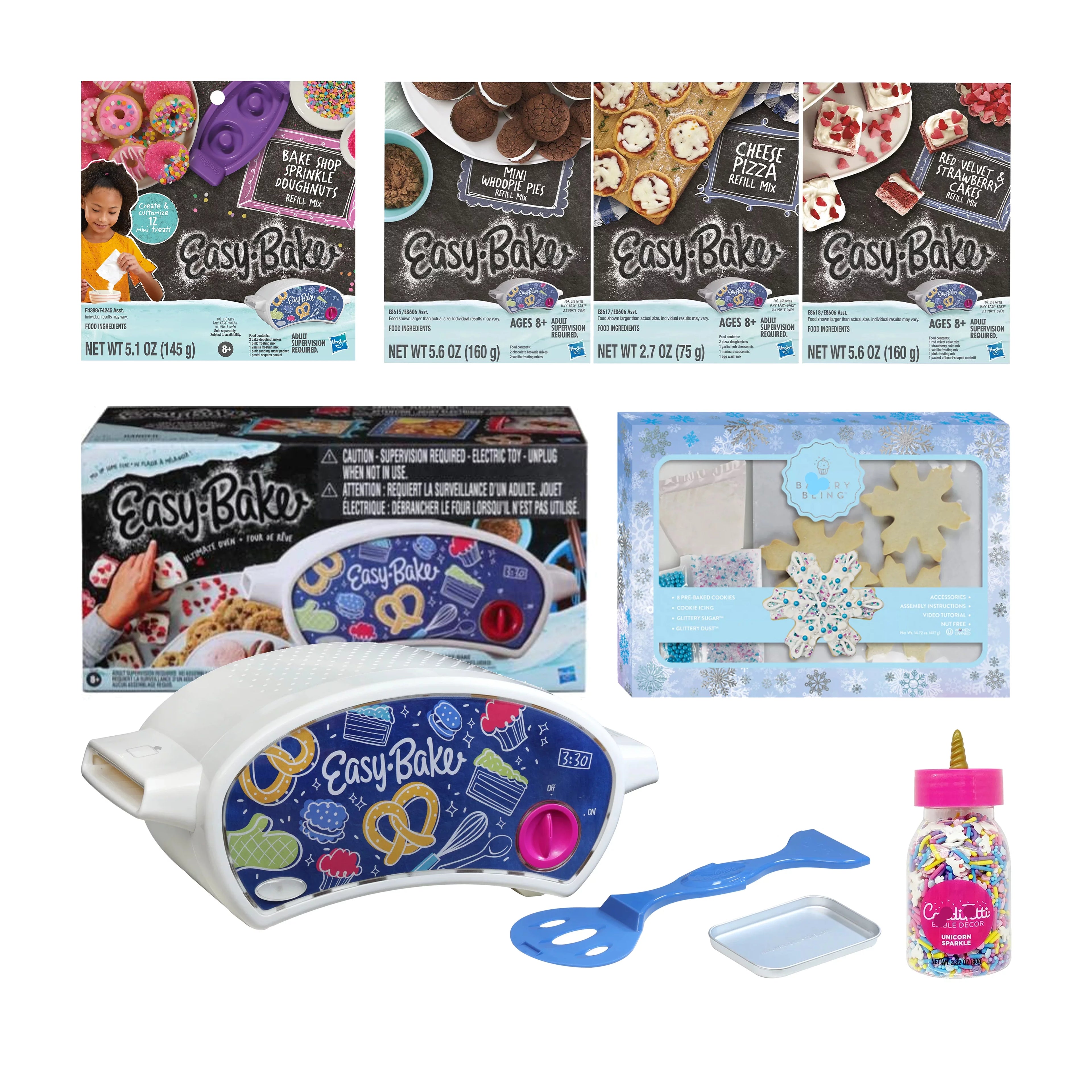 Easy Bake Oven Set with Baking Accessories - 4 Delectable Refill mixes (Red Velvet Strawberry Cupcakes, Donut, Pizza and Whoopie Pies), Designer Kit , Unicorn Sprinkles- Gift Set