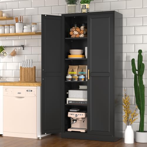 Tall Kitchen Storage Cabinet with Doors and Adjustable Shelves, Black Freestanding Cupboard X34021
