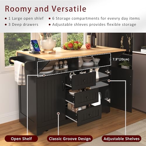 Large Kitchen Island with Drop Leaf, Rolling Cart, Power Outlet R822