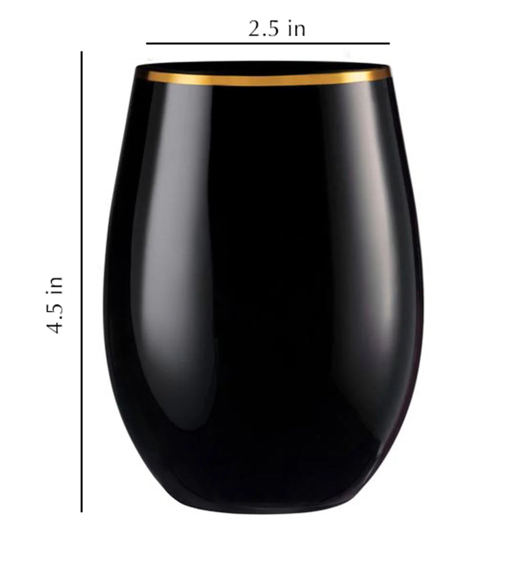 Stemless Plastic Wine Goblet 16 oz Black / Gold Rim, Pack of 48 X661096