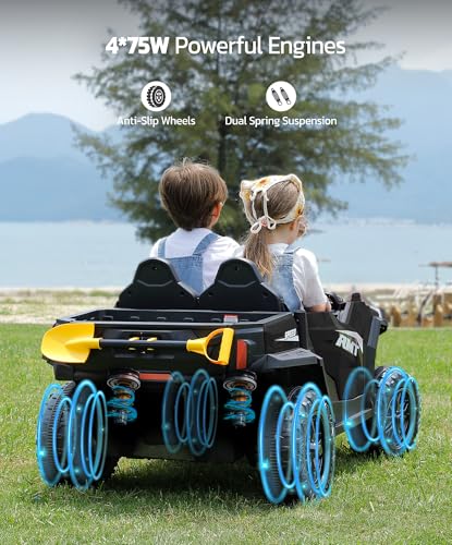 24V Ride on Car 2 Seater with Sun Shade, Dump Bed & Shovel, 4WD Electric Truck for Kids F44284