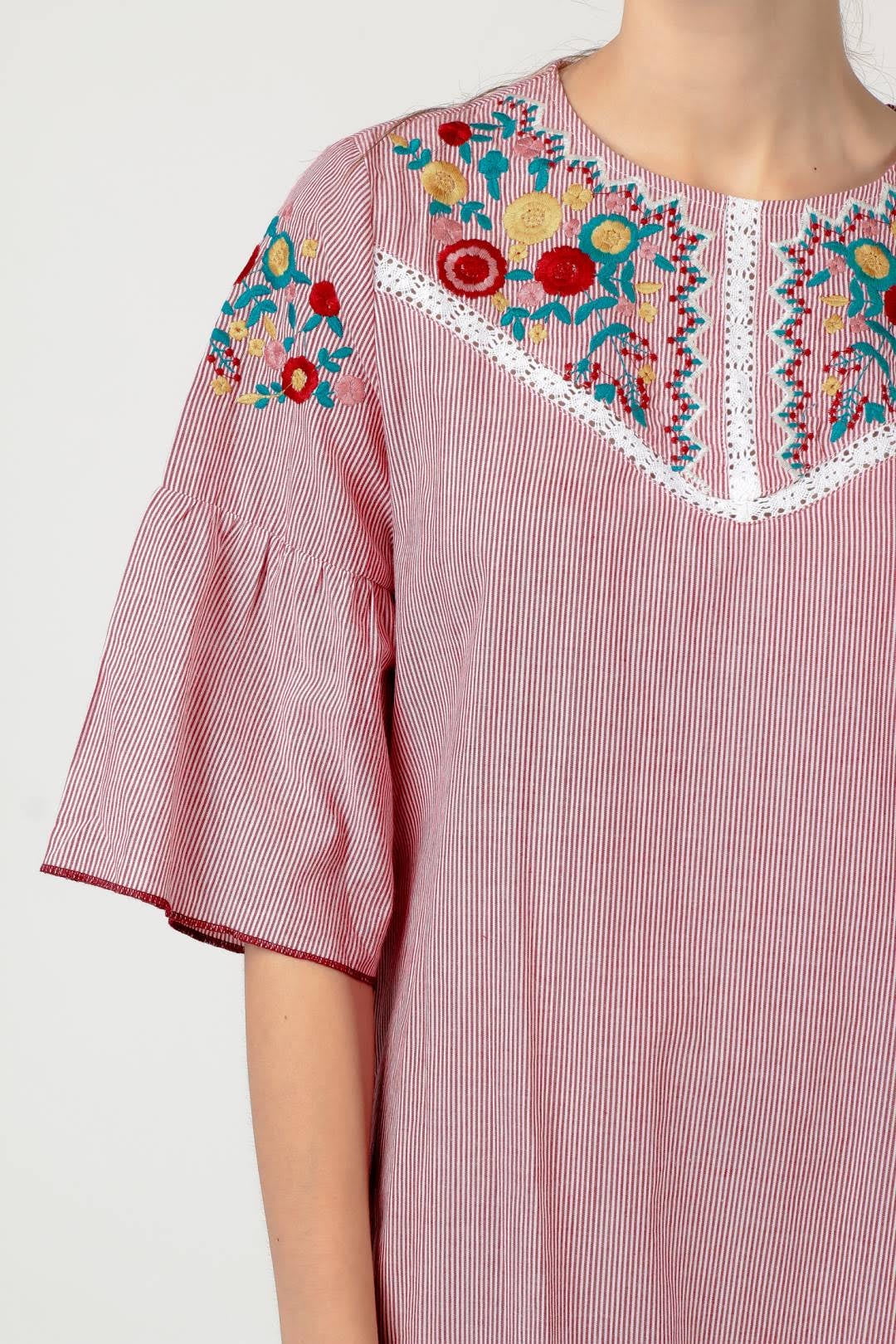 Striped Embroidered Cotton Summer Dress Red White N369357
