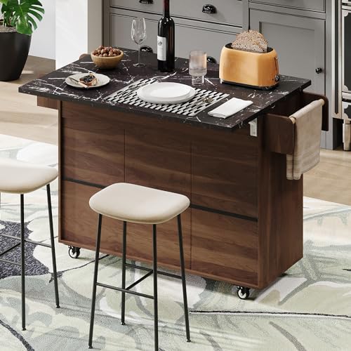 Farmhouse Kitchen Island with Drop Leaf, Barn Door and Wheels O34026