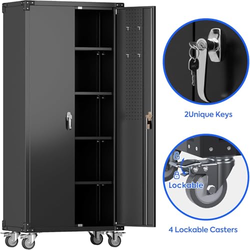 Garage Storage Cabinet with Wheels, 72" H, 2 Doors, 4 Adjustable Shelves, Black Q104