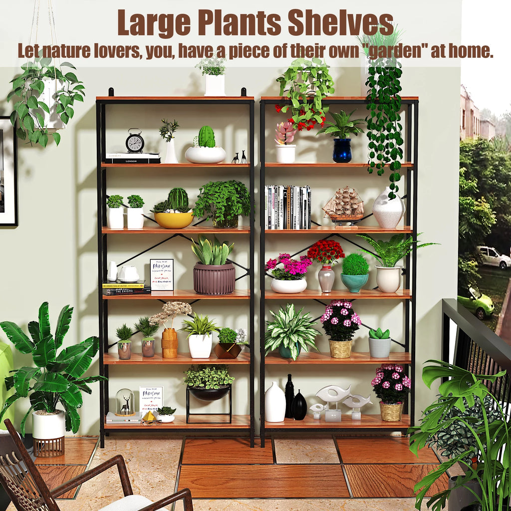 5-Tier Tall Bookcase, Rustic Wood and Metal Open Shelf Unit P380