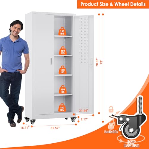 Metal Storage Cabinet with Wheels, 73" H, Locking Doors and Adjustable Shelves C8462