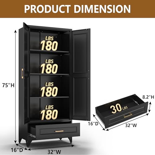 Tall Kitchen Storage Cabinet with Doors and Adjustable Shelves, Black Freestanding Cupboard X34021