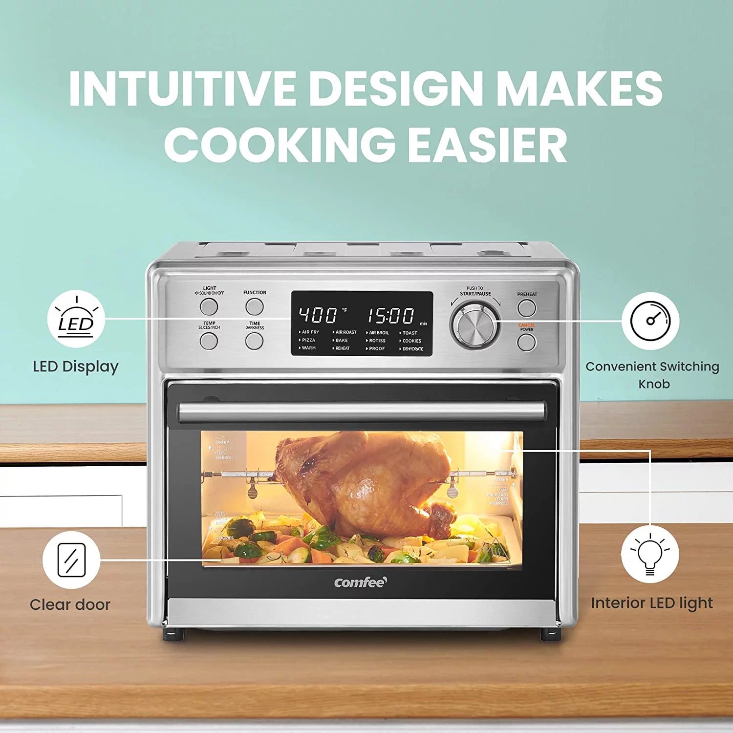 12-in-1 Air Fryer Toaster Oven Combo, 6 Slice Pizza Countertop Convection Oven with Rotisserie, Stainless Steel F573351
