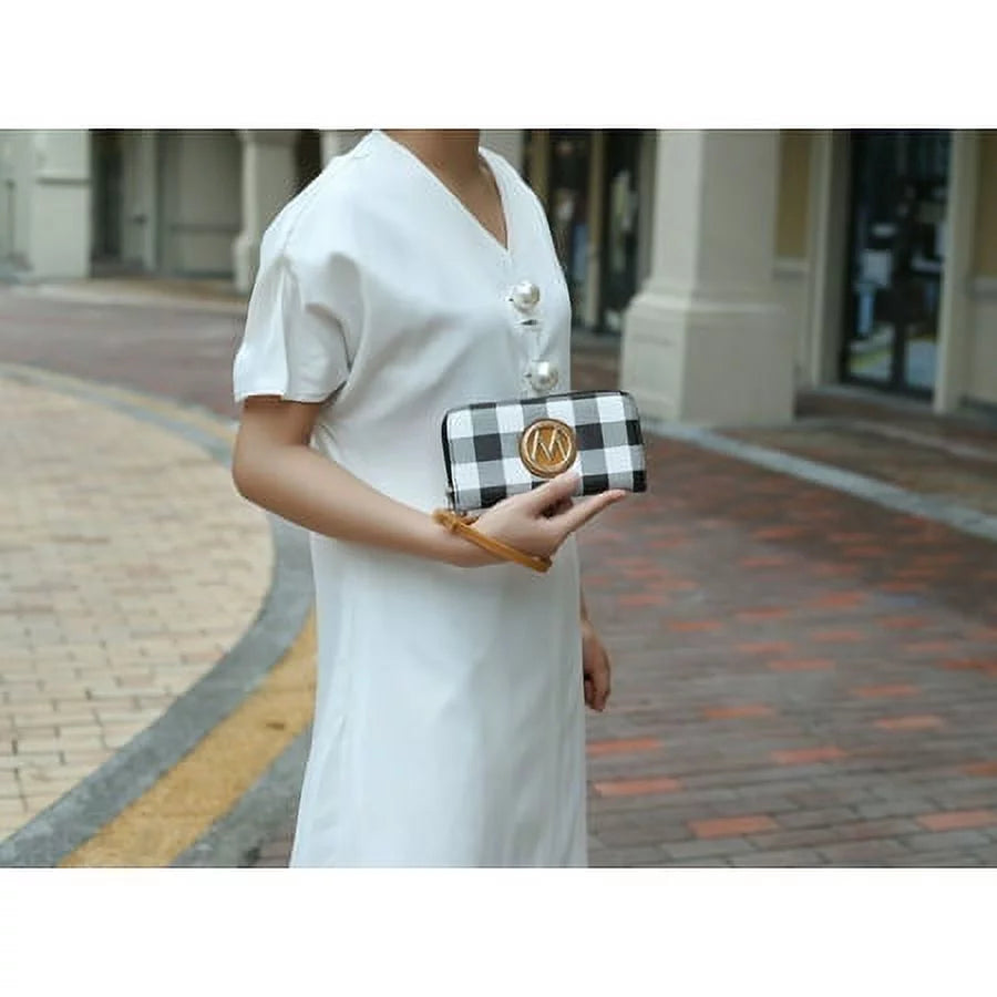 Vegan Leather Checkered Satchel Bag with Wallet 2 Piece Set Y922069
