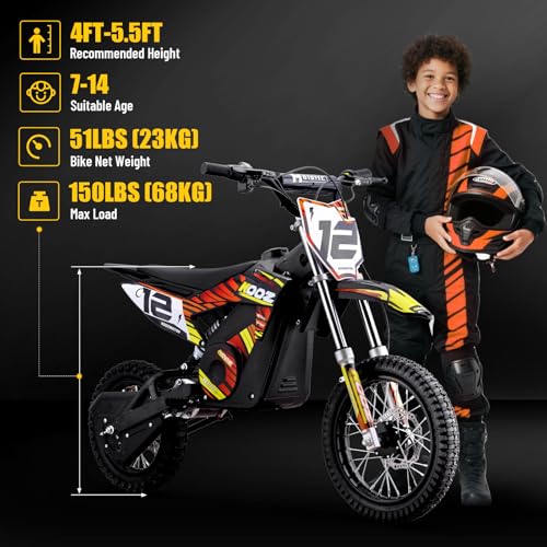 Electric Dirt Bike for Kids, 3 Speed Modes, 18 MPH, 15 Miles Range, Dual Suspension, Disc Brake, 16" Tire, Orange H40536