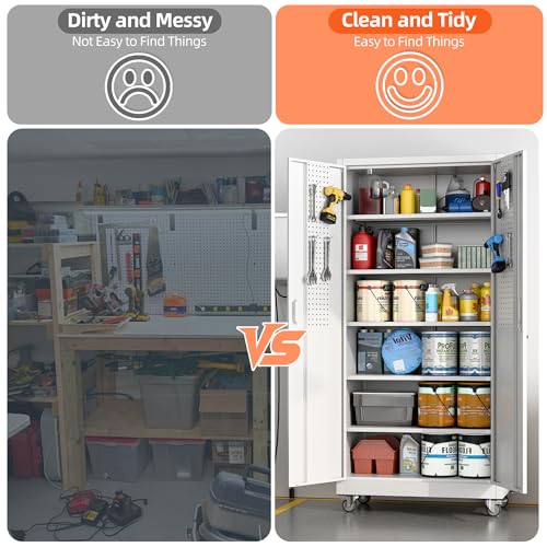 Metal Storage Cabinet with Wheels, 73" H, Locking Doors and Adjustable Shelves C8462