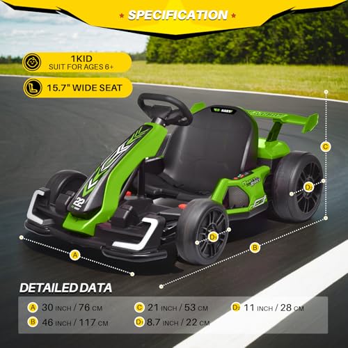 24V Kids Go Kart 300W Electric Drift Kart Outdoor Race Toy with 2X150W Motor, 7AH Battery, Green R238