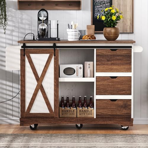 Farmhouse Kitchen Island with Drop Leaf, Barn Door and Wheels O34026